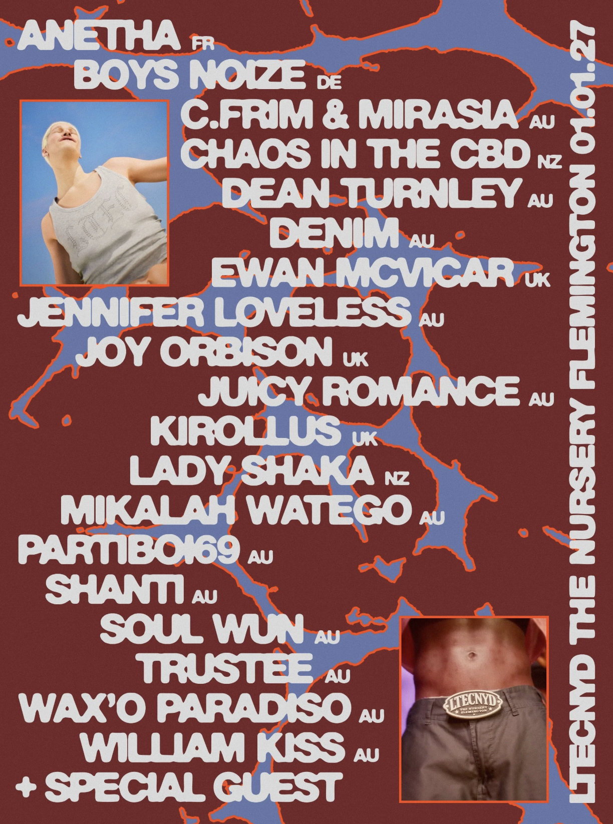 Let Them Eat Cake 2027 festival lineup poster for Werribee Mansion featuring Anetha, Boys Noize, Chaos In The CBD, and Ewan McVicar.